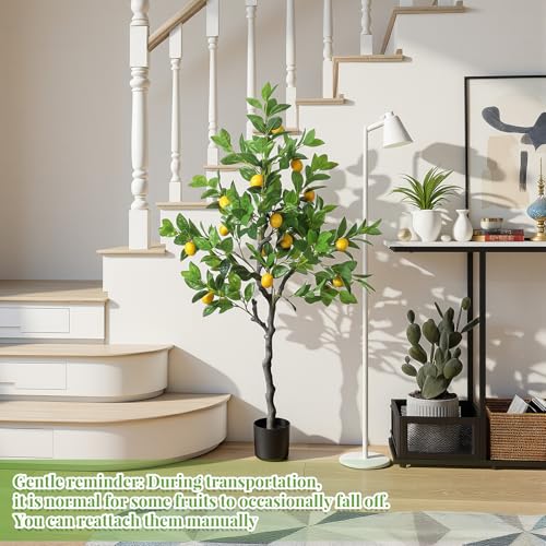 Daifunli 1 Pack Artificial Lemon Tree with Realistic Leaves and Natural Trunk Faux Tree with Silk Leaves for Porch Home Office Farmhouse Indoor Outdoor Housewarming Gift - style: Lemon
