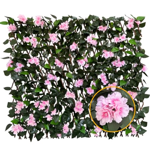 Expandable Fence Privacy Screen for Balcony Patio Outdoor,Decorative Faux Ivy Fencing Panel,Artificial Hedges - color: PINK FLOWER