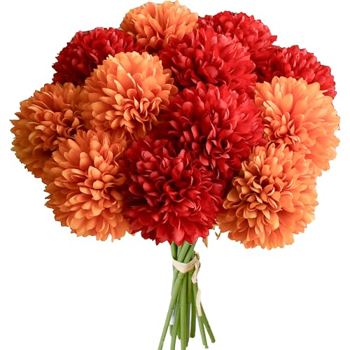 Mandy's 12pcs Artificial Red and Orange Chrysanthemum | 11.8 inch Artificial Mums Flowers for Home Table Centerpiece Summer Decor Silk Flowers for Porch Patio and Wedding - color: Red and Orange