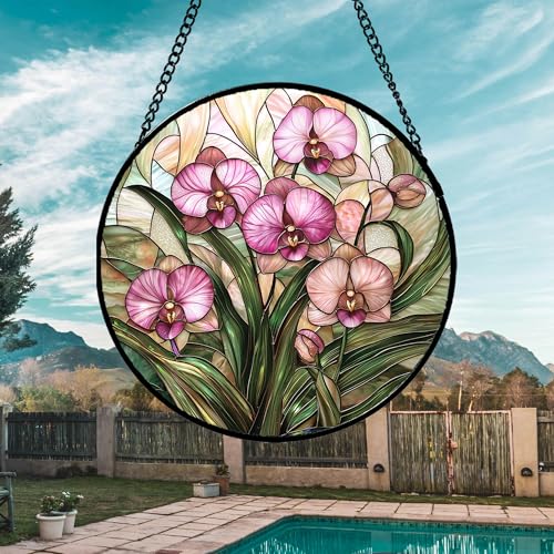 Stained Glass Window Hanging - Pink Phalaenopsis Orchid Green Leaves Sun Catcher for Door Home Decor Flower Suncatcher Christmas Mother's Day Birthday Gifts for Women Men Mom Nana 11.8 in - color: Pink, size: 11.8x11.8 IN