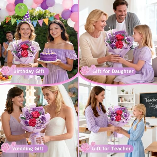 Alecono Crochet Flower Bouquet, Purple and Hot Pink Knitted Flowers, Crochet Roses Flower for Valentine Day Lover Anniversary Birthday Mother's Day Graduation Gifts (with Card) - color: Purple, Hot Pink, size: Large