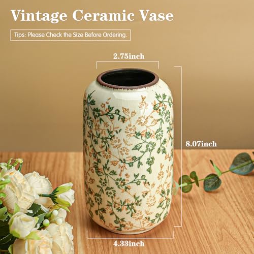 Ceramic Vase for Flowers – Modern Small Ribbed Textured Flower Vase for Home Decor, Pampas Grass, Decorative, Farmhouse, Coffee Table, Kitchen Centerpieces, Bookshelf and Home Living (Ice Crack Beige) - color: Ice Crack Beige