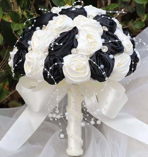 Ujicde Romantic Wedding Bouquet Bridal Bridesmaid Round Bling Brooch Bouquet Throw Toss Artificial Rose Flower Bunch with Sparkle Rhinestone Crystal Decoration(Black+Ivory,Dia. 6.3"*16cm) - color: Black+ivory, size: Dia. 6.3"*16cm