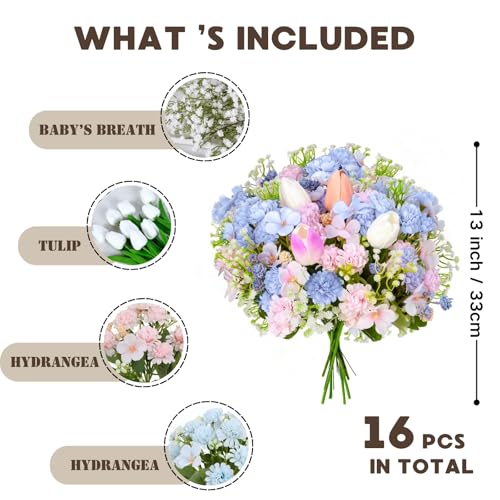Florielle Artificial Hydrangea Bouquet Fake Silk Flower with Faux Tulips Baby's Breath for Spring Summer Wedding Centerpieces Home Decor Party Table Floral Arrangements (Blue Pink) - color: Blue Pink