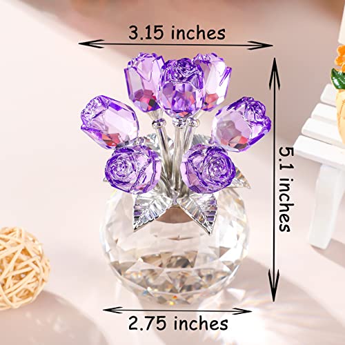 Purple Rose Flower Crystal Figurine with Vase, Bouquet Flowers Ornament Gifts for Wife Girlfriend Women , Handmade Crystal Flower Collectible Home Table Decor for Valentine's Day Wedding Anniversary - color: Purple-crystal Rose