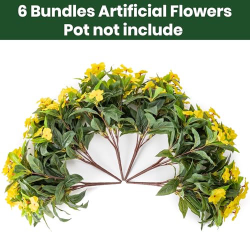 Nigirior Artificial Fake Flowers for Outdoor Décor 6 Bundles UV Resistant Fake Plants for Planter Faux Impatiens for Home Porch/Garden Stunning（Yellow） - color: Yellow