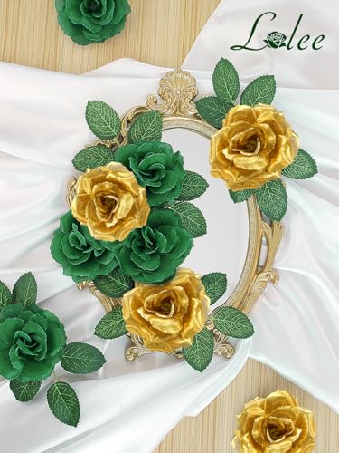 108pcs Roses Head Flowers with Stem - Emerald Green Gold Artificial Flowers Rose Bulk - Silk Rose Fake Flower for Wedding Bouquet Decor DIY Baby Shower Centerpieces St Patrick's Day Decoration - color: Green-gold