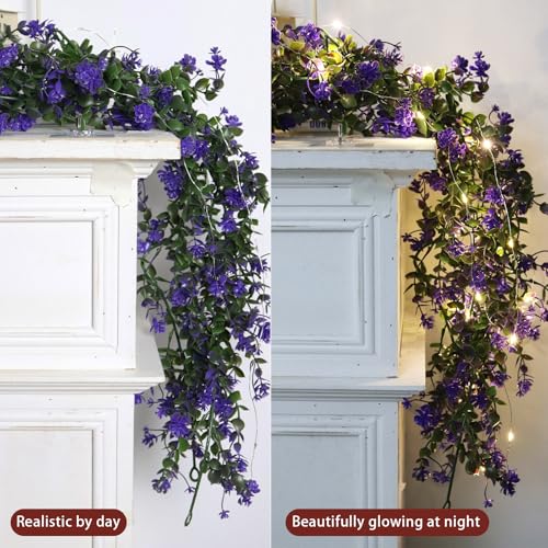 RECUTMS Faux Lighted Mantle Garland Artificial Hanging Greenery Fake Hanging Eucalyptus Leaves Vine with Lights Swag Garland for Indoor Outdoor Wall Party Mantel Wedding Table Arch Decor(Purple) - color: Purple With Lights