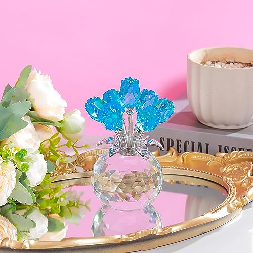 Lake Blue Rose Flower Crystal Figurine with Vase, Bouquet Flowers Ornament Gifts for Wife Girlfriend Women, Handmade Crystal Flower Collectible Home Table Decor for Valentines Day Wedding Anniversary - color: Lake Blue-crystal Rose