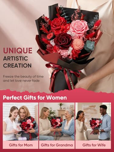 Bessol Flowers for Delivery Preserved Flower Bouquet Forever Fresh Flowers Birthday Gifts for Women Mom Anniversary Red Real Rose Gifts for Grandma Wife Girlfriend Sister Her from Daughter - color: Red Preserved Flower Bouquet, size: Small