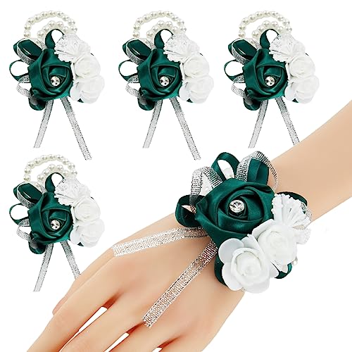 4pcs Green Wedding Wrist Corsages Artificial Silk Rose for Women | for Wedding Formal Dinner Party Homecoming Ceremony Anniversary, Wrist Corsages with Pearls - color: 4pcs Green Wrist Corsages