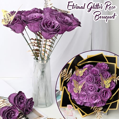 Glitter Roses Bouquet - DIY Artificial Flower Bouquet Kit with Fake Rose Butterfly Stems Cards for Gifts Mother's Day Valentine's Day Anniversary Birthday, 24 Roses, Purple - color: Purple
