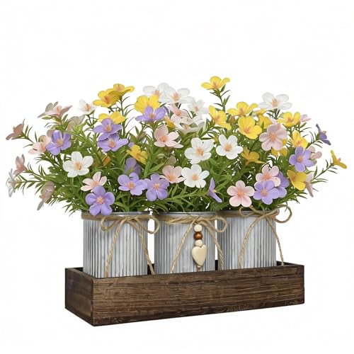 Rustic Artificial Baby's Breath Centerpiece — 3-Metal-Pot Farmhouse Table Decor on Wooden Tray, Faux Gypsophila Bouquet for Home, Kitchen, Dining Table, Living Room & Gift - color: Gypsophila Flowers