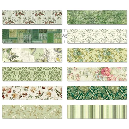 12 Rolls William Morris Floral Washi Tape Set, Retro Garden Damask Butterfly Patchwork Stripe Pattern Decorative Masking Tapes for DIY Art Craft,Scrapbook,Journaling,Planner,Gift Wrapping,Card Making