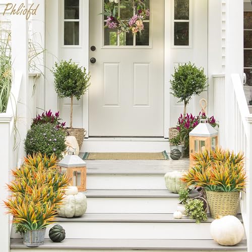 6Pcs Artificial Grass Fake Plants 17.3in Outdoor Plastic Plants UV Resistant Greenery Fake Grass for Home Window Garden Office Patio Hanging Planter Pathway Front Porch Décor Orange Yellow - color: Yellow, size: 6 Pcs