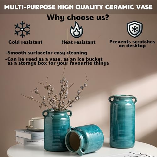 Ceramic Rustic Distressed Green Flower Vase for Centerpieces, Kitchen, Office or Living Room (5.9''x6.3'') - color: Green, size: 5.9''x 6.3”