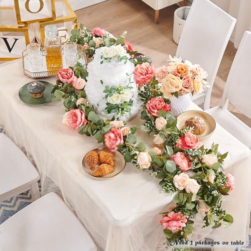 Artificial Flower Garland 3pcs 5.9ft Champagne Pink Floral Peony Vine Decor | PONKING Fake Rose Vine Flowers Hanging Faux Roses String for Room Party Home Wedding Birthday Wall Arch Decoration - color: Huge Flower Champagne Pink Vines 5.4ft
