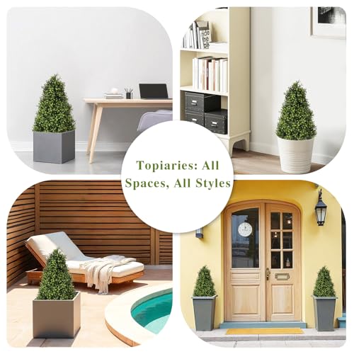 30" Artificial Boxwood Topiary Trees Outdoor Set of 2 - UV Resistant Faux Plants for Front Porch Outside Planter, Realistic Fake Cone-Shaped Bushes & Shrubs 2.5ft - color: Eucalyptus Light Green, size: 30in