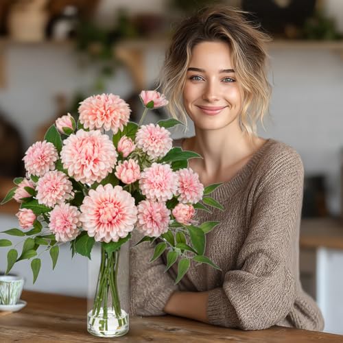 Hollyone Pink Fake Flowers in Vase Dahlia Artificial Flowers in Glass Vase with Faux Water Dahlia Silk Flower Arrangements for Bathroom Office Table Centerpiece Shelf Decorations Home Decor - color: Pink