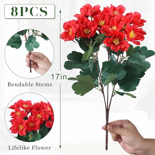 Juxdp 8 Bundles Artificial Camellia, Fake Silk Bouquet Flowers(Red) | Full＆Vibrant, Fade-resistant, UV-resistant＆Waterproof, for Front Door/Garden/Farmhouse/Outdoor/Home/Spring/Summer Decor - color: Red