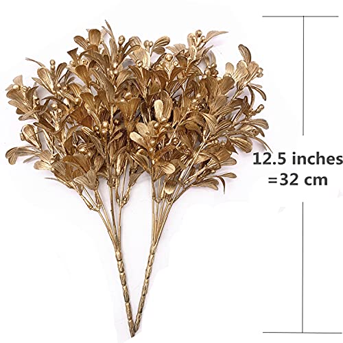 Christmas Artificial Flowers, Golden Leaves Branches Plants Fake Berry Plant Decor for Wedding Bridal Bouquet Party Indoor Outdoor DIY Home Table Centerpieces Arrangements Decoration - Gold 3 Pack - color: Gold Leaves Berry Grass-3 Pcs