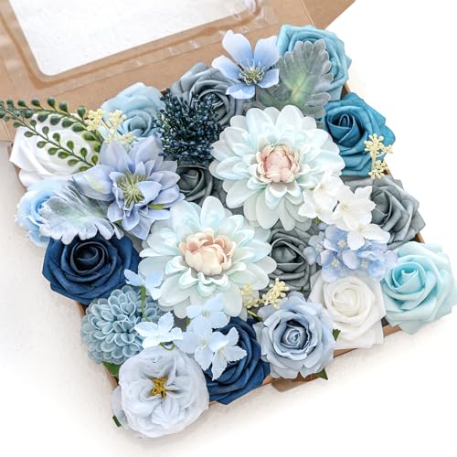 Artificial Flower Box Set Silk Fake Flowers DIY Center Cake Decoration Wedding Bouquet Corsage Home Decor Outdoor Decor Gift (Blue) - color: Blue