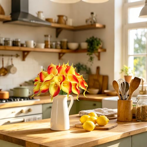 Artificial Calla Lily 12Pcs Orange Real Touch Faux Flowers for Wedding Bouquet, Bride Bridal Shower, Spring Home Kitchen Table Decor, Fake Lilies for Centerpieces, Party Decorations - color: Red Yellow