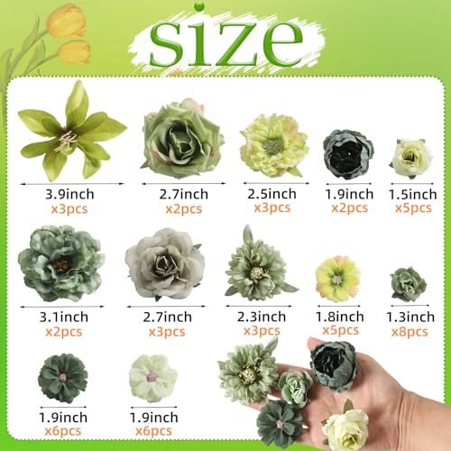rongflower Fake Flower Heads for Crafts - Green Silk Artificial Roses, Peonies, Daisies & Mini Floral Heads Bulk (48-Pack) for Wedding Decor, Graduation Cap, Cake Topper, Baby Shower, Home Decoration - color: Green