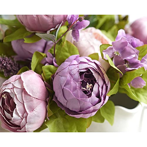 FiveSeasonStuff Dusty Purple & Greenery Accents Artificial Peony Bouquet, Two Coordinating Faux Silk Flower Bundles with Hydrangeas - color: Dusty Purple Green Mix