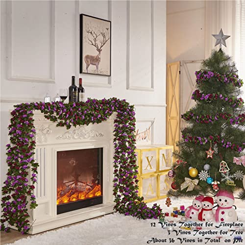 PONKING 8 Pcs x 8.2 ft Flower Garland Artificial Rose Vine Flowers with Green Leaves Hanging Fake Roses Vine for Room Party Home Wedding Birthday Christmas Wall Arch Decor, Spring Purple Flower - color: Spring-purple-8pcs, size: 8 Vines 66FT