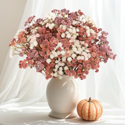 Baby Breath Flowers Fall Flowers Artificial Bulk , 30Pcs Fall Decor Fake Gypsophila Plants Bouquets Flowers Real Touch Faux Babies Breath Arrangement for Home Autumn Wedding Vase Decoration Orange - color: Fall Orange, size: 30pcs-Standard