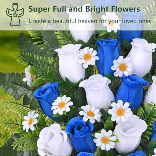 Dolicer 2 Sets Artificial Cemetery Flowers for Grave, Realistic Grave Flowers Memorial Flower UV Resistant Silk Rose Flower with Vase for Cemetery Decorations (Blue, White) - color: Blue, White, size: Flowers in Vase