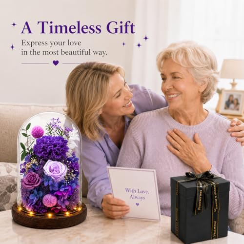 Preserved Flowers in Glass, Preserved Rose with 1 Royal Purple Carnation & 2 Roses, Eternal Flower Gift for Grandma Wife, Forever Flowers for Anniversary Birthday Lasts 3-5 Years - color: Purple