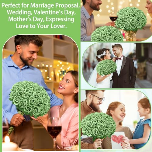 36 Pcs Velvet Texture Sage Green Artificial Flowers Bridal Bouquet, Fake Rose Long Stem Realistic Flowers Bulk for Valentine's Day Wedding Bouquet Ball Arrangement Centerpiece Party Home Deco - color: Sage Green