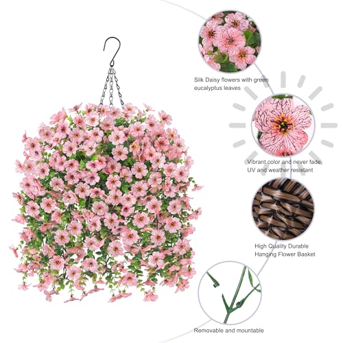 HyeFlora Artificial Hanging Flowers Basket for Outdoor, Fake Flowers Faux Plants Look Real for Yard Gardens Porch Patio Home (Pink) - color: Pink