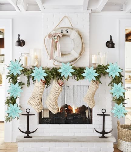 Briful 3PCS Poinsettias Artificial Christmas Flowers 22.4in Long Stem Teal Blue Glitter Mesh Poinsettia Fake Christmas Tree Flower for Xmas Home Wreath Garland Floral Arrangement Holiday Decor - color: Teal Blue