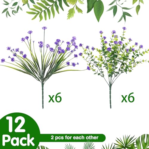 WILLBOND 12 Bundles Artificial Flowers Outdoor, UV Resistant Faux Artificial Plants Shrubs Plastic Flower Bulk for Hanging Planter Porch Window Home Spring Summer Decor(Purple) - color: Purple