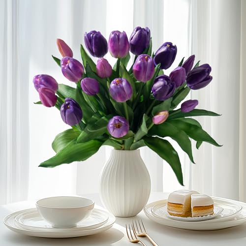 Bailikang 20PCS Fake Tulips 12' Artificial Tulip Silk Flowers Fake PU Bouquet Artificial Flowers Faux Flowers with Gift Box Soft Faux Tulips Bouquets Arrangements for Party Wedding Home - color: Purple+light Purple