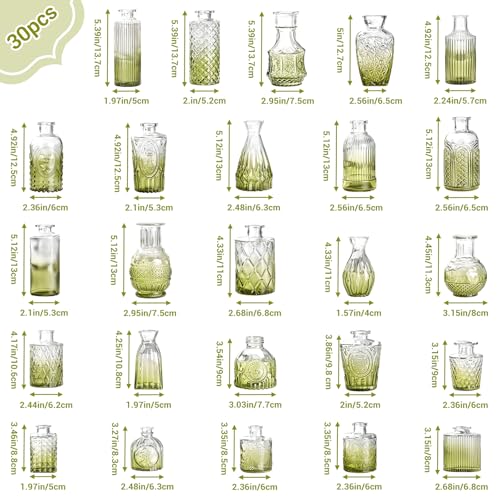 Babenest 30pcs Green Small Bud Vase Set, Mini Gradient Glass Flower Vases in Bulk, Decorations Vintage Little Vase for Rustic Wedding Party Home Office Recepetion Centerpieces Table Decor - color: Green, size: 30pcs