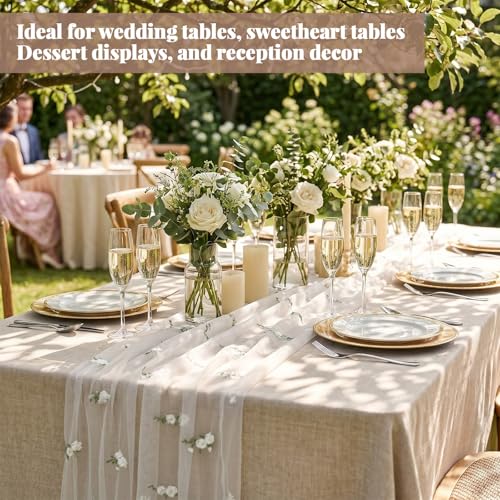 Boao 1 Pcs Eucalyptus Flower Table Runner Embroidery Tulle Summer White Rose Table Runner 120 Inch 10 ft Dining Decoration for Wedding Baby Shower Bridal Shower Home Decor Birthday Party (Champagne) - color: Champagne, size: Eucalyptus