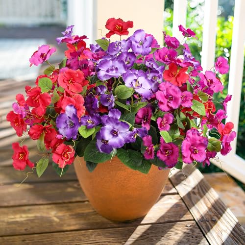 Hoppwodd Hibiscus Artificial Flowers for Outdoors Spring Decoration, 6 Bundles Faux Silk Flowers UV Resistant Look Real Artificial Tropical Flower Fake Plants for Outside Planter Porch Patio, Mix - color: Red+purple+light Purple