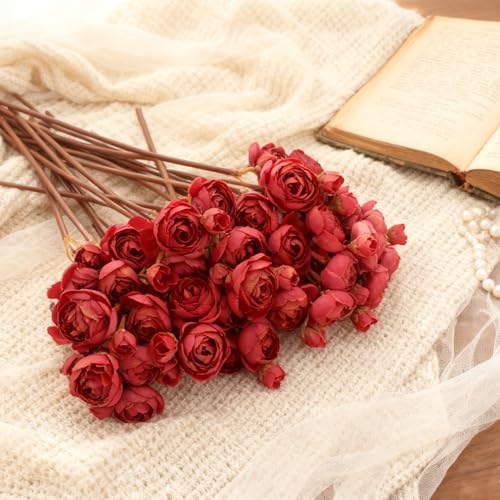 24 Stems Artificial Ranunculus Flowers - 96 Bloom Faux Silk Ranunculus Bouquet for Wedding Decorations, Home Décor, Holiday Arrangements & Large Event Centerpieces (Brickred) - color: Brickred