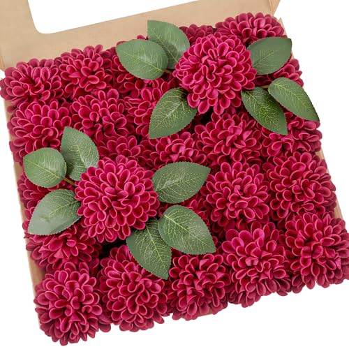 Artificial Flowers, 25pcs Artificial Rose for DIY Wedding Bouquets Centerpieces Arrangements, Hot Pink Dahlia Flowers with Stems for Bridal Shower Party Decoration - color: Hot Pink Dahlia, size: 25pcs