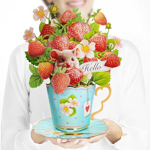Airpark Pop Up Flower Bouquet Card for Women, 3D Floral Greeting Card with Envelope and Note, Birthday Thank You Thinking of You Get Well Gift for Mom Friend Wife Teacher, Strawberry - style: Strawberries