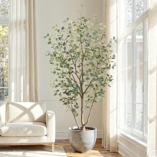 7FT Artificial Eucalyptus Tree Indoor, Faux Eucalyptus Tree with 689 Silk Leaves, Tall Fake Tree - Artificial Tree Indoor for Living Room Office Bedroom Home Decor - size: 7ft