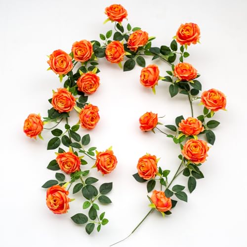 Bendable Artificial Flower Garland Faux Rose Vine Hanging Floral Garland for Wall Decor Trellis Fence Home Room Garden Wedding Decoration(Orange, 1pcs) - color: Orange, size: 1pcs