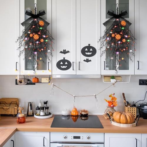 2 PCS Halloween Wreaths Halloween Floral Teardrop Swags Hanging Swag Plants Black Garland with Pumpkin Berries and 9.8ft Lights for Indoor Outdoor Party Wall Home Room Fireplace Porch Window Decor - color: Halloween Swags