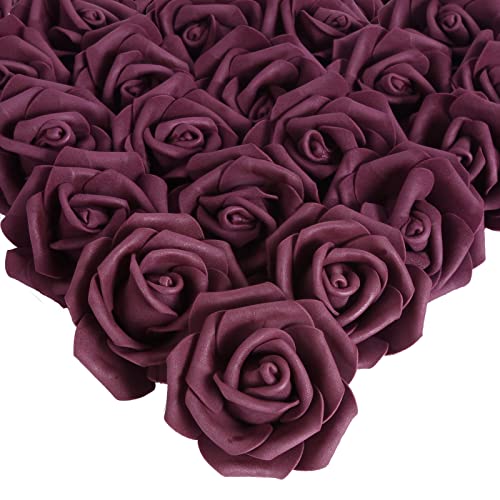 IPOPU Foam Roses Artificial Flowers,100Pcs Stemless Plum Foam Fake Roses Heads 3inch Faux Flower for DIY Crafts, Wall Decorations, Wedding Centerpieces Bouquets, Bridal Shower, Party Home Decor(Plum) - color: Plum