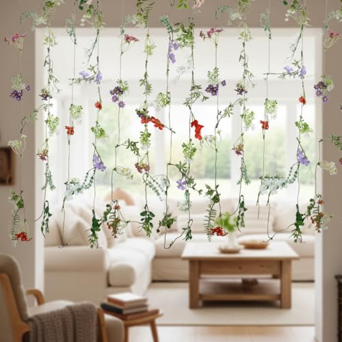 Yunlly 4 Pcs 24 ft Wildflower Garland Pre Strung Artificial Hanging Flower Vine Backdrop Floating Faux Silk Floral Ceiling Garland Garden Party Decor for Wedding Bridal Wall Arch Birthday Baby Shower