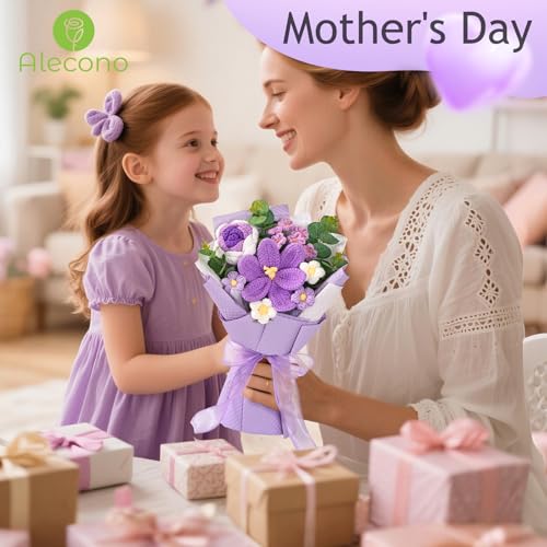 Alecono Crochet Flower Bouquet, Knitted Flowers, Purple Handmade Bouquet of Flowers for Lover Anniversary Birthday Party Mother's Day Graduation Gifts (Include Card) - color: Purple